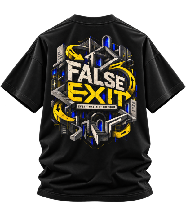 False Exit — Oversized Black Futuristic Graphic Tee by VX MERCH