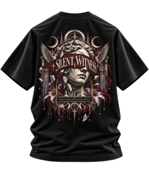 20260924112604-1f1b80ab-ad9c-6db0-ba35-4e88f2a6b218.png Silent Witness — Oversized Black Mystical Statue Graphic Tee by VX MERCH