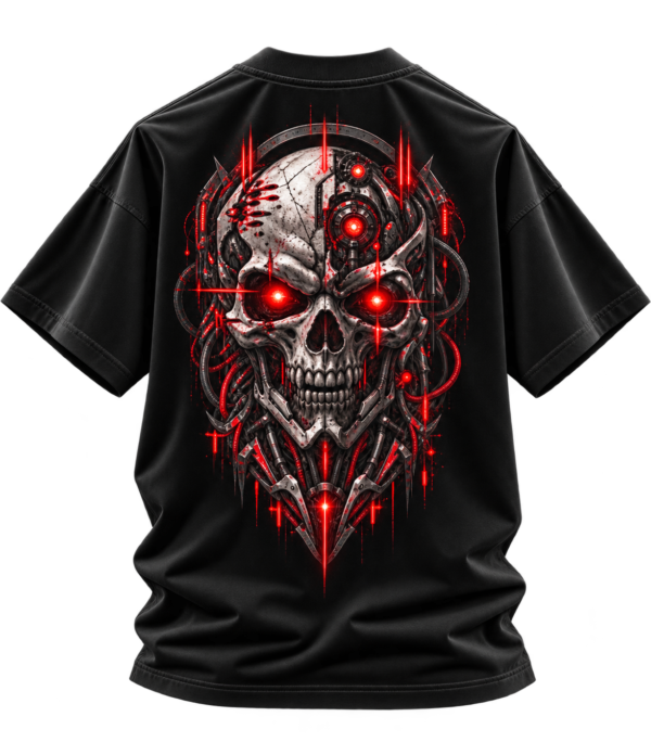 20260924141334-1f1b8222-1164-648e-87a7-b67f165b9222.png Red Circuit — Oversized Black Cyber Skull Graphic Tee by VX MERCH