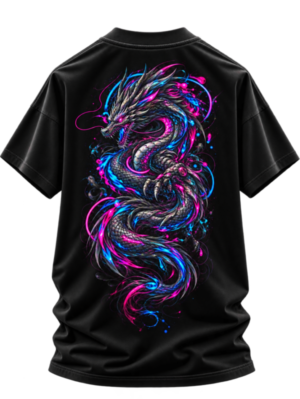 20260924142126-1f1b8233-a3db-6e64-8c6a-a23e9674b472.png Neon Wyrm — Oversized Black Cyber Dragon Graphic Tee by VX MERCH