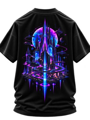 20260924143210-1f1b824b-9d26-6142-bb33-4ae8be61898d.png Quantum Spire — Oversized Black Neon City Graphic Tee by VX MERCH