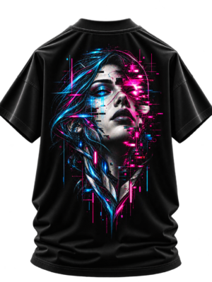 20260924150430-1f1b8293-e4e7-61d2-b6a5-3a91fd15e23d.png Digital Mirage — Oversized Black Glitch Portrait Graphic Tee by VX MERCH