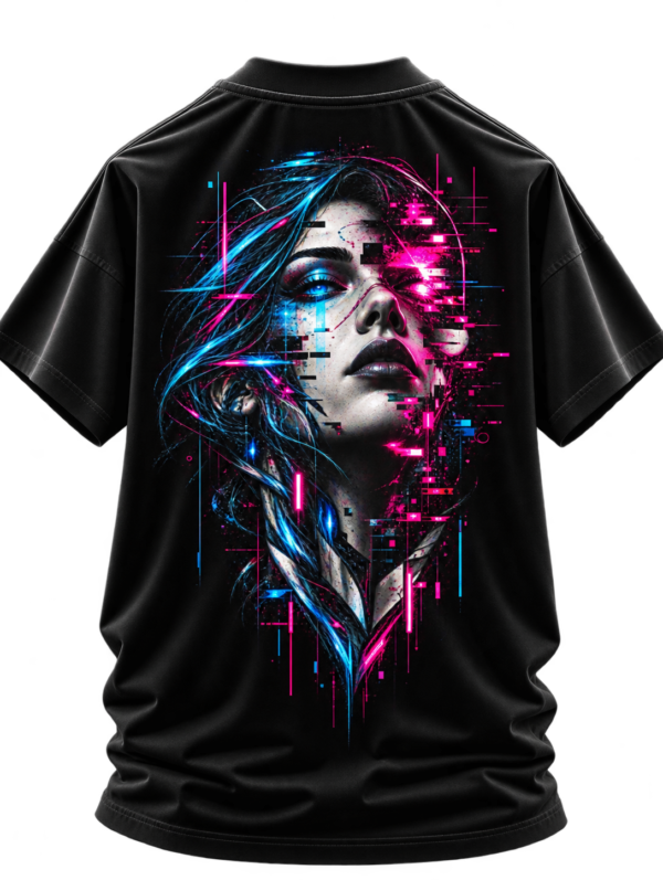 Digital Mirage — Oversized Black Glitch Portrait Graphic Tee by VX MERCH
