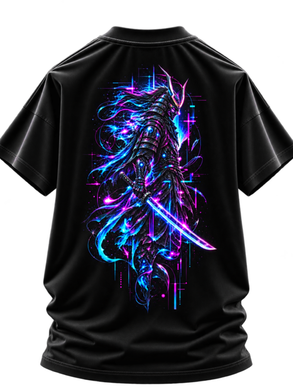 Neon Bladeborn — Oversized Black Cyber Warrior Graphic Tee by VX MERCH