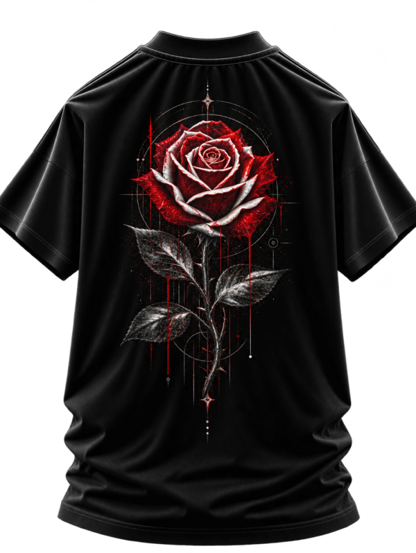 20260924162932-1f1b8351-f780-6faa-aa8f-f2646b8aeec6.png Scarlet Bloom — Oversized Black Minimal Rose Graphic Tee by VX MERCH