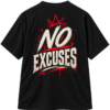 20260925110444-1f1b8d0e-9dbf-620c-9682-222be6784d74.png Black VX MERCH graphic T-shirt featuring a red crown and the bold, distressed white text No Excuses with red paint splatter accents on the back.
