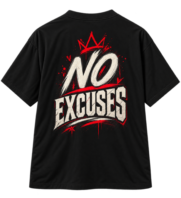 20260925110444-1f1b8d0e-9dbf-620c-9682-222be6784d74.png Black VX MERCH graphic T-shirt featuring a red crown and the bold, distressed white text No Excuses with red paint splatter accents on the back.