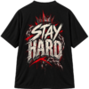 20260925110715-1f1b8d14-434b-691e-9d14-ae012baf0a2e.png Black streetwear T-shirt featuring a graphic print of a crown, chains, and the text STAY HARD in a distressed, bold, stone-like font style.