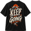 Black VX MERCH graphic T-shirt featuring a mountain, orange sun, and the bold text KEEP GOING in a stylized, adventurous streetwear design.