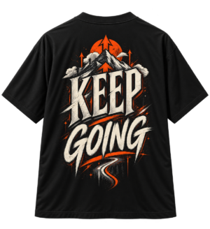 Black VX MERCH graphic T-shirt featuring a mountain, orange sun, and the bold text KEEP GOING in a stylized, adventurous streetwear design.