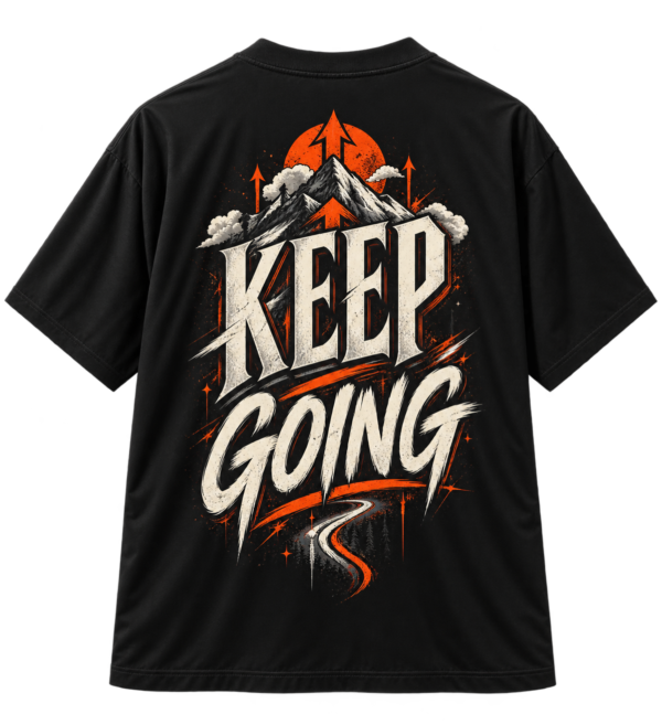 Black VX MERCH graphic T-shirt featuring a mountain, orange sun, and the bold text KEEP GOING in a stylized, adventurous streetwear design.