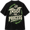 20260925113842-1f1b8d5a-8cb3-6778-b428-c6daad1944ba.png Black VX MERCH streetwear T-shirt featuring a back graphic with green arrows, a crown, and the text Trust The Process in a distressed urban style.