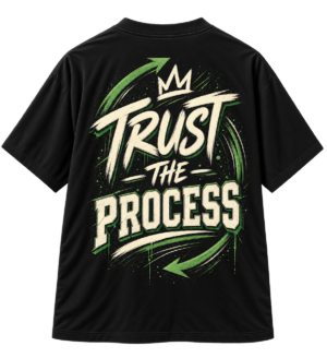 Black VX MERCH streetwear T-shirt featuring a back graphic with green arrows, a crown, and the text Trust The Process in a distressed urban style.