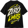 Black VX MERCH graphic T-shirt featuring bold, brush-style text that reads ZERO LIMITS in white and vibrant yellow with dynamic lightning accents.