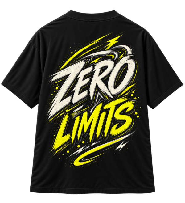 Black VX MERCH graphic T-shirt featuring bold, brush-style text that reads ZERO LIMITS in white and vibrant yellow with dynamic lightning accents.