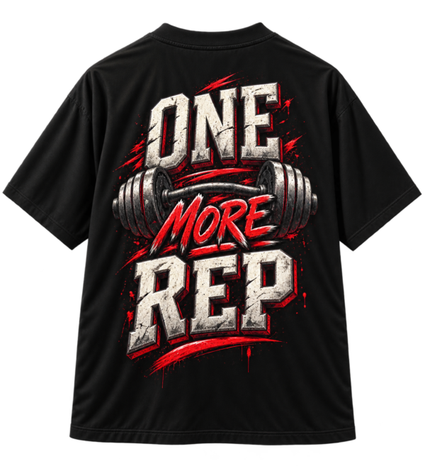 20260925114454-1f1b8d68-65b1-6bd0-9e17-4ea935d73d2b.png Black VX MERCH graphic T-shirt featuring a barbell illustration and the text ONE MORE REP in a distressed, bold white and red athletic style.