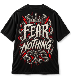 Black VX MERCH graphic T-shirt featuring a crown, red lightning, and the bold text FEAR NOTHING in a metallic, gothic-inspired street style design.