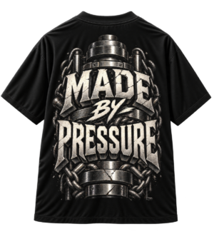 Black streetwear T-shirt featuring a metallic industrial graphic with chains and the bold, cracked-stone text Made By Pressure on the back.