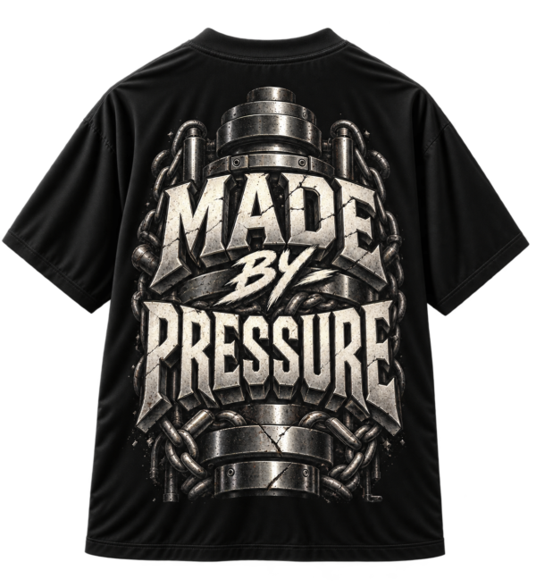Black streetwear T-shirt featuring a metallic industrial graphic with chains and the bold, cracked-stone text Made By Pressure on the back.