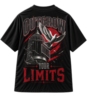Black VX MERCH graphic T-shirt featuring a dove escaping a cage with the text Outgrow Your Limits in red and white distressed typography.