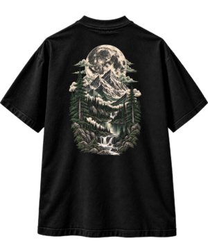Moonlit Wilderness Boxy Tee – Oversized Mountain Forest Nature Graphic T-Shirt  Description by VX MERCH