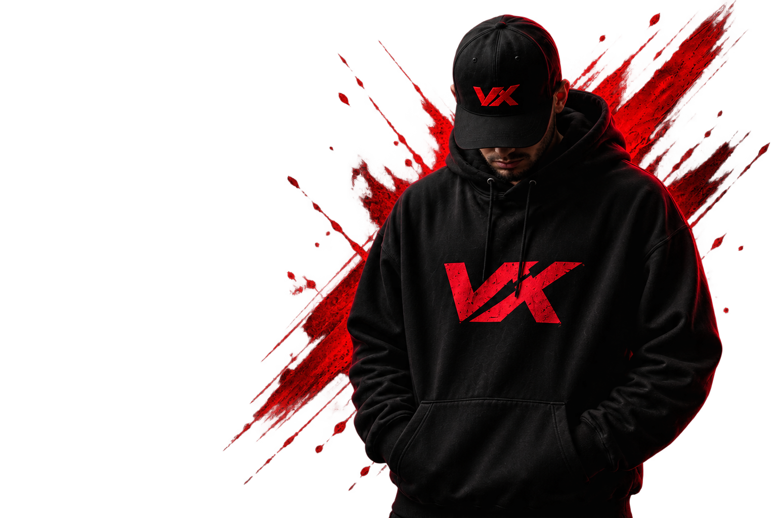 A person wearing a black VX MERCH hoodie and cap with red logos, set against a dramatic red paint splatter background in a street style portrait.