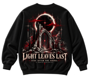 Black VX MERCH sweatshirt featuring a gothic archway, red eclipse, and text reading Light Leaves Last, Stay After The Signal, VX Merch Worldwide.