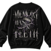 20261001104711-1f1bd857-49f1-6834-b3ef-06c881740055.png Black VX MERCH sweatshirt featuring a gothic graphic of a mouth with teeth, barbed wire, and the text Memory Has Teeth and Some Truths Never Heal.