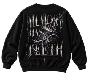 Black VX MERCH sweatshirt featuring a gothic graphic of a mouth with teeth, barbed wire, and the text Memory Has Teeth and Some Truths Never Heal.