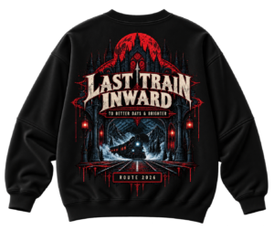 Black VX MERCH sweatshirt featuring a gothic train graphic, red moon, and text reading Last Train Inward to Better Days & Brighter, Route 2026.