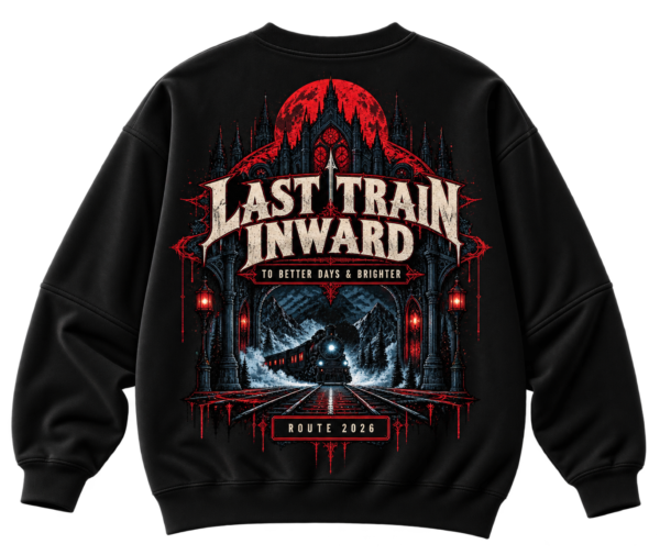 20261001105222-1f1bd862-e134-6542-b357-26f44794d9ff.png Black VX MERCH sweatshirt featuring a gothic train graphic, red moon, and text reading Last Train Inward to Better Days & Brighter, Route 2026.