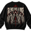 Black VX MERCH sweatshirt featuring a gothic graphic of hooded figures before an archway with the text Silence Has A Voice and Some Truths Echo Forever.