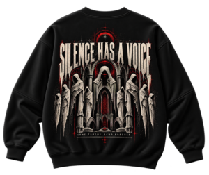 20261001105557-1f1bd86a-ea23-6ed4-8933-ae0107a8c03b.png Black VX MERCH sweatshirt featuring a gothic graphic of hooded figures before an archway with the text Silence Has A Voice and Some Truths Echo Forever.