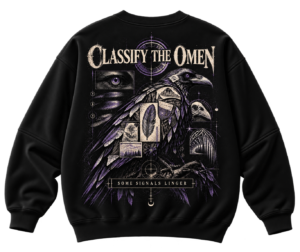 Black VX MERCH sweatshirt featuring a gothic raven graphic with purple accents, eye, skull, and text reading Classify The Omen and Some Signals Linger.