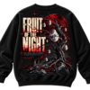 Black VX MERCH sweatshirt featuring a red moon, a twisted tree with glowing fruit, and the text Fruit of the Night in a bold, distressed font.