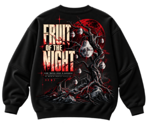 Black VX MERCH sweatshirt featuring a red moon, a twisted tree with glowing fruit, and the text Fruit of the Night in a bold, distressed font.