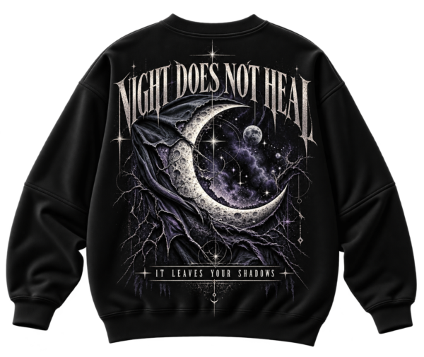 Black streetwear sweatshirt featuring a gothic crescent moon graphic with the text Night Does Not Heal and It Leaves Your Shadows on the back.