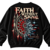 Black VX MERCH sweatshirt featuring a gothic rose window graphic with red and white digital glitch effects and Faith Without Signal text on the back.