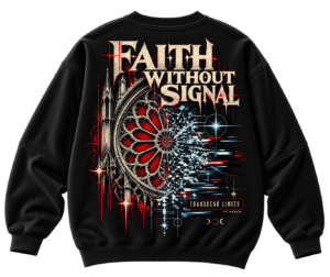Black VX MERCH sweatshirt featuring a gothic rose window graphic with red and white digital glitch effects and Faith Without Signal text on the back.