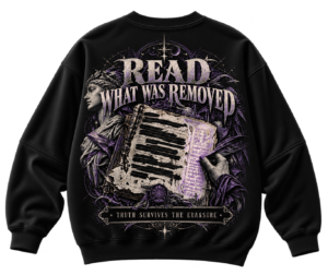 20261001155530-1f1bdb08-6e67-689a-8852-b22ec8e6b441.png Black VX MERCH sweatshirt featuring a gothic graphic of a statue, a redacted book, and the text Read What Was Removed in purple and white tones.