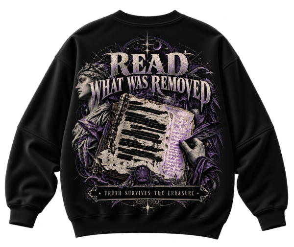 Black VX MERCH sweatshirt featuring a gothic graphic of a statue, a redacted book, and the text Read What Was Removed in purple and white tones.