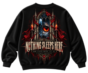 20261001155909-1f1bdb10-98e1-6e10-87dc-8e7371c4008d.png Black VX MERCH sweatshirt featuring a gothic window graphic with a glowing eye, red drapes, and the text Nothing Sleeps Here in a distressed font.