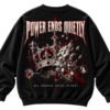 Black VX MERCH sweatshirt featuring a graphic of a crumbling crown with red gems and the text Power Ends Quietly and All Thrones Decay In Dust.