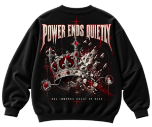 20261001162413-1f1bdb48-a2e6-6824-b07d-66a6fbd1800a.png Black VX MERCH sweatshirt featuring a graphic of a crumbling crown with red gems and the text Power Ends Quietly and All Thrones Decay In Dust.