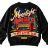 Black VX MERCH sweatshirt featuring a vintage red radio graphic, Moonlight Radio Service text, and a night sky design with a radio tower.