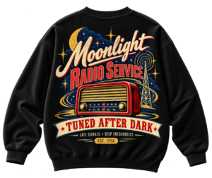 20261004164739-1f1c0134-f281-63a4-8d38-4eafc3c665f7.png Black VX MERCH sweatshirt featuring a vintage red radio graphic, Moonlight Radio Service text, and a night sky design with a radio tower.