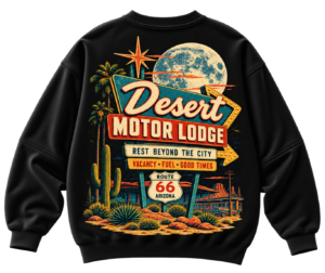 Black streetwear sweatshirt featuring a retro Desert Motor Lodge graphic with a Route 66 sign, cactus, and full moon in a vintage desert aesthetic.