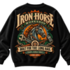 Black VX MERCH sweatshirt featuring a vintage Iron Horse Workshop graphic with a mechanical horse, wrench, hammer, and industrial text on the back.