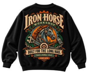 Black VX MERCH sweatshirt featuring a vintage Iron Horse Workshop graphic with a mechanical horse, wrench, hammer, and industrial text on the back.