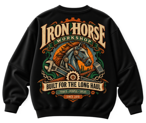 Black VX MERCH sweatshirt featuring a vintage Iron Horse Workshop graphic with a mechanical horse, wrench, hammer, and industrial text on the back.